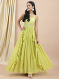 Green Embroidered Ruffle Dress by Ewoke with Bemberg satin, Embroidered, Ewoke, Festive Wear, Green, Natural, Relaxed Fit, Ruffle Dresses, Womenswear at Kamakhyaa for sustainable fashion