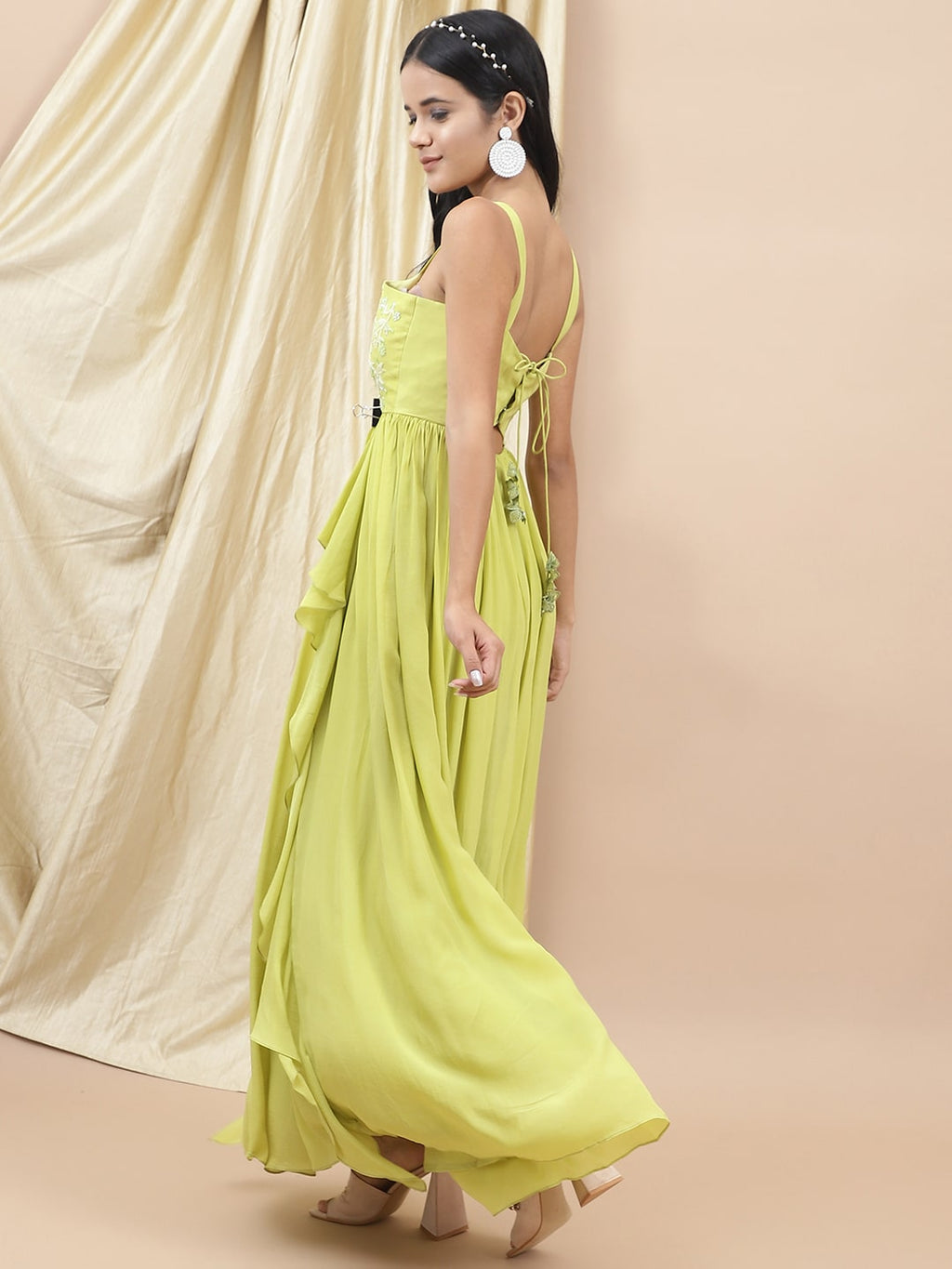 Green Embroidered Ruffle Dress by Ewoke with Bemberg satin, Embroidered, Ewoke, Festive Wear, Green, Natural, Relaxed Fit, Ruffle Dresses, Womenswear at Kamakhyaa for sustainable fashion