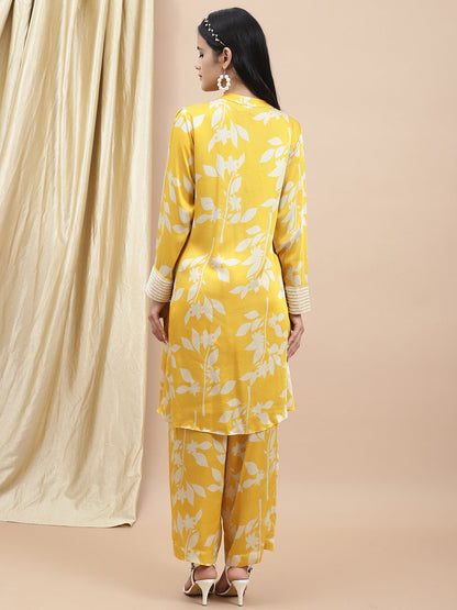 Certified Bemberg Satin Yellow Printed Coord Set by Ewoke with Bemberg, Best Selling, Co-ord Sets, Festive 23, Natural with azo free dyes, Office Wear, Office Wear Co-ords, Prints, Relaxed Fit, Satin, Womenswear, Yellow at Kamakhyaa for sustainable fashion