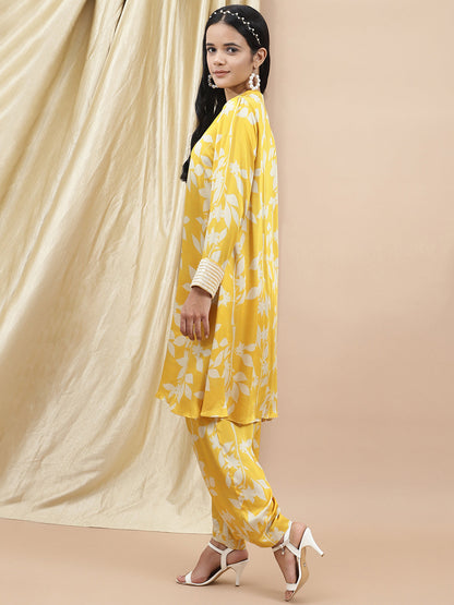 Certified Bemberg Satin Yellow Printed Coord Set by Ewoke with Bemberg, Best Selling, Co-ord Sets, Festive 23, Natural with azo free dyes, Office Wear, Office Wear Co-ords, Prints, Relaxed Fit, Satin, Womenswear, Yellow at Kamakhyaa for sustainable fashion