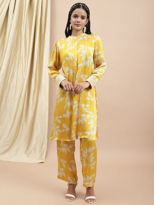 Certified Bemberg Satin Yellow Printed Coord Set by Ewoke with Bemberg, Best Selling, Co-ord Sets, Festive 23, Natural with azo free dyes, Office Wear, Office Wear Co-ords, Prints, Relaxed Fit, Satin, Womenswear, Yellow at Kamakhyaa for sustainable fashion