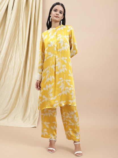 Certified Bemberg Satin Yellow Printed Coord Set by Ewoke with Bemberg, Best Selling, Co-ord Sets, Festive 23, Natural with azo free dyes, Office Wear, Office Wear Co-ords, Prints, Relaxed Fit, Satin, Womenswear, Yellow at Kamakhyaa for sustainable fashion