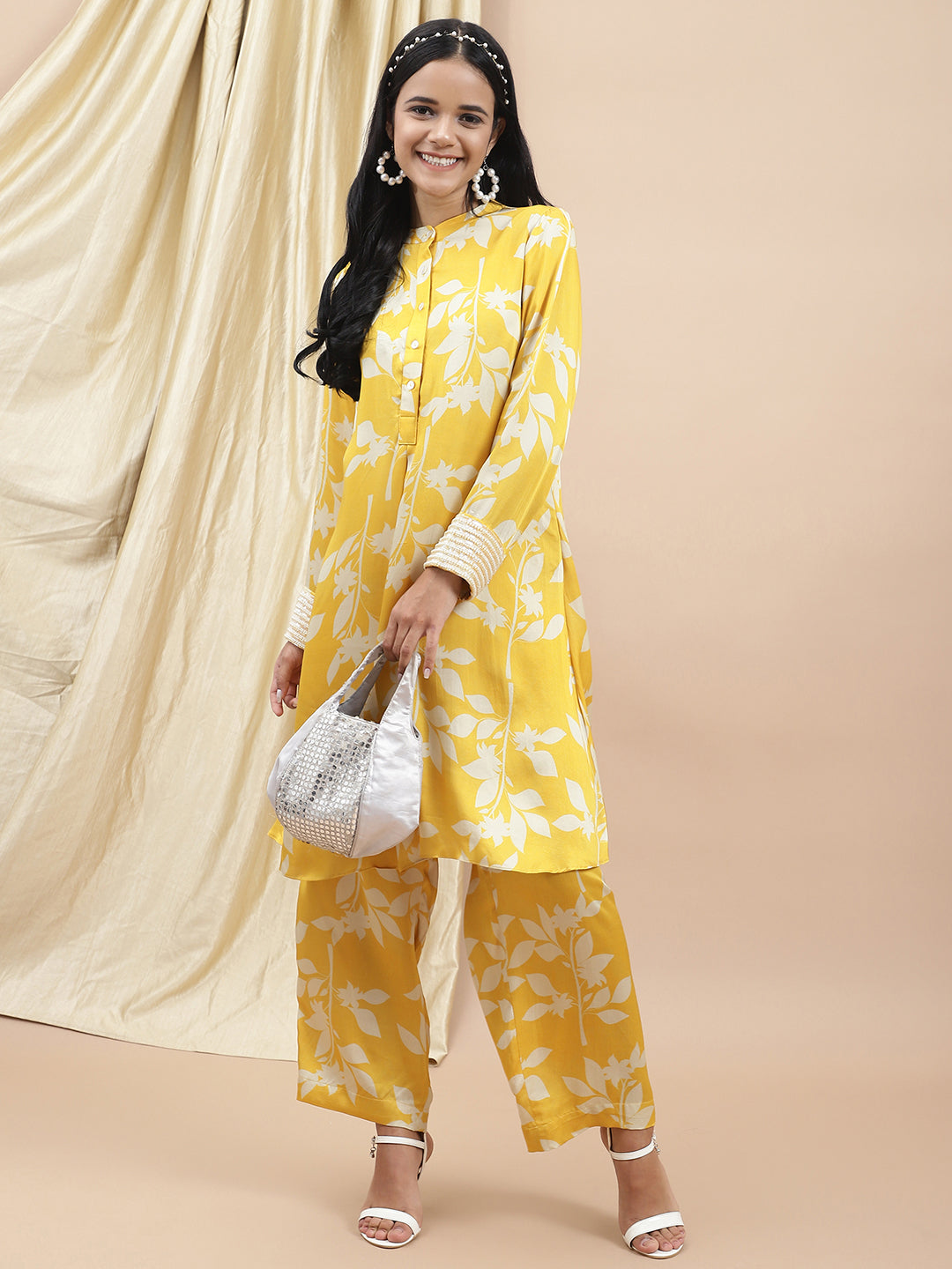 Certified Bemberg Satin Yellow Printed Coord Set by Ewoke with Bemberg, Best Selling, Co-ord Sets, Festive 23, Natural with azo free dyes, Office Wear, Office Wear Co-ords, Prints, Relaxed Fit, Satin, Womenswear, Yellow at Kamakhyaa for sustainable fashion
