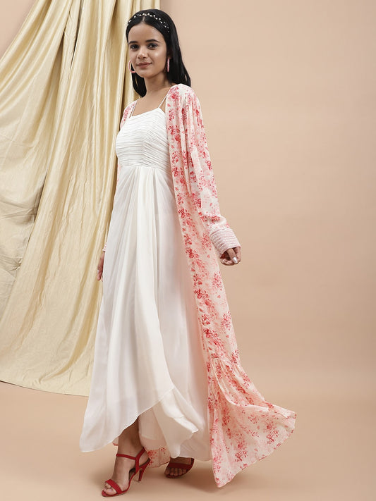 White Satin Dress With Printed Long Shrug Set by Ewoke with Bemberg satin, Dress Sets, Ewoke, Festive Wear, Natural, Prints, Relaxed Fit, White, Womenswear at Kamakhyaa for sustainable fashion