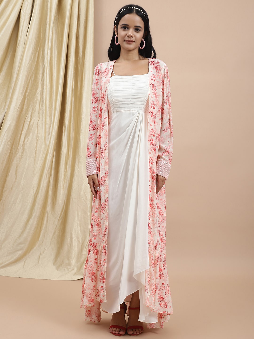 White Satin Dress With Printed Long Shrug Set by Ewoke with Bemberg satin, Dress Sets, Ewoke, Festive Wear, Natural, Prints, Relaxed Fit, White, Womenswear at Kamakhyaa for sustainable fashion