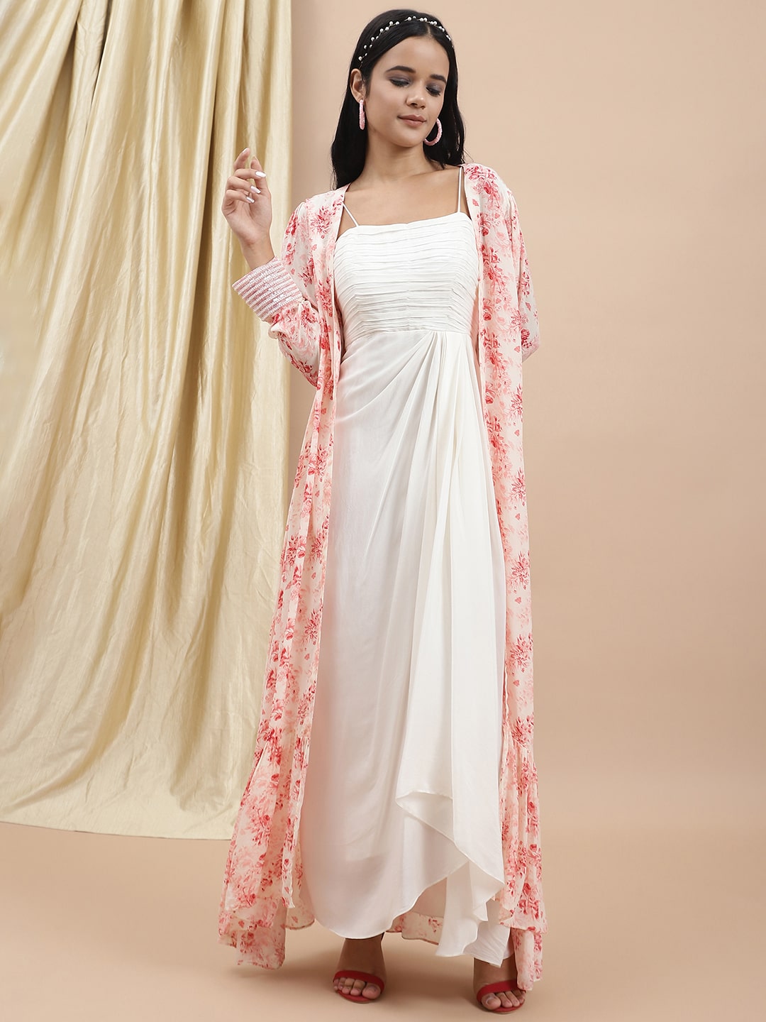White Satin Dress With Printed Long Shrug Set by Ewoke with Bemberg satin, Dress Sets, Ewoke, Festive Wear, Natural, Prints, Relaxed Fit, White, Womenswear at Kamakhyaa for sustainable fashion