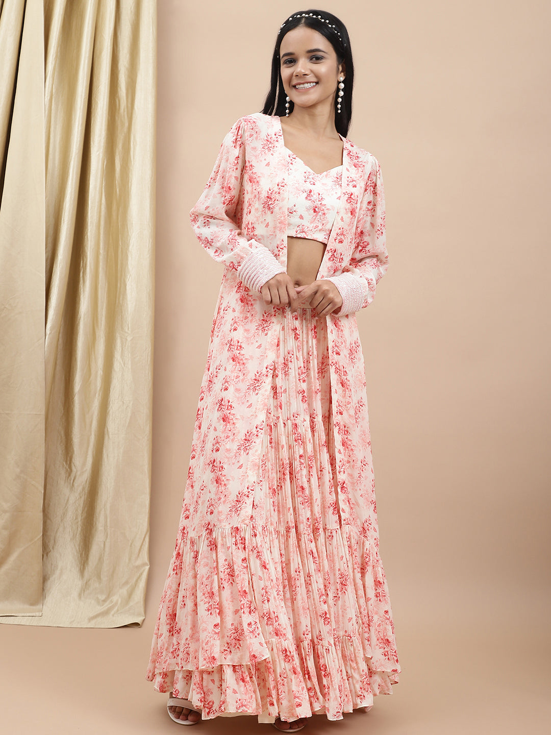 Crepe White Printed Tier Lehenga by Ewoke with Bemberg, Crepe, Festive 23, Festive Wear, Lehengas Sets, Natural with azo free dyes, Prints, Regular Fit, White, Womenswear at Kamakhyaa for sustainable fashion