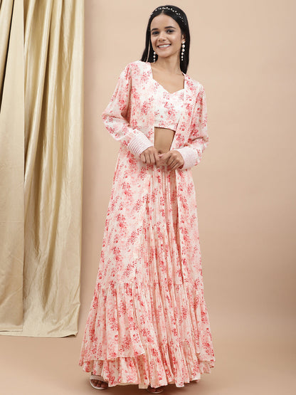 Crepe White Printed Tier Lehenga by Ewoke with Bemberg, Crepe, Festive 23, Festive Wear, Lehengas Sets, Natural with azo free dyes, Prints, Regular Fit, White, Womenswear at Kamakhyaa for sustainable fashion