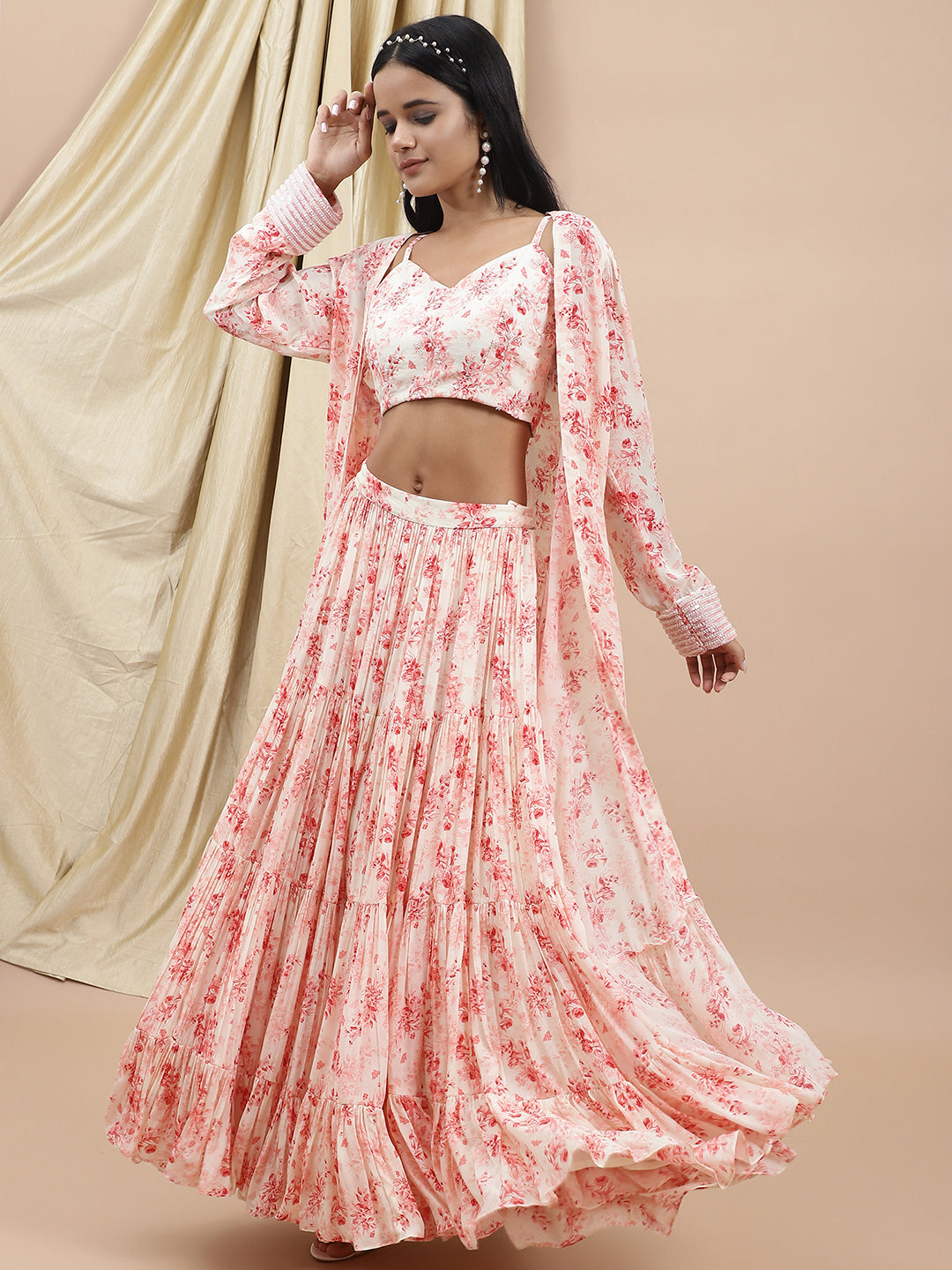 Crepe White Printed Tier Lehenga by Ewoke with Bemberg, Crepe, Festive 23, Festive Wear, Lehengas Sets, Natural with azo free dyes, Prints, Regular Fit, White, Womenswear at Kamakhyaa for sustainable fashion