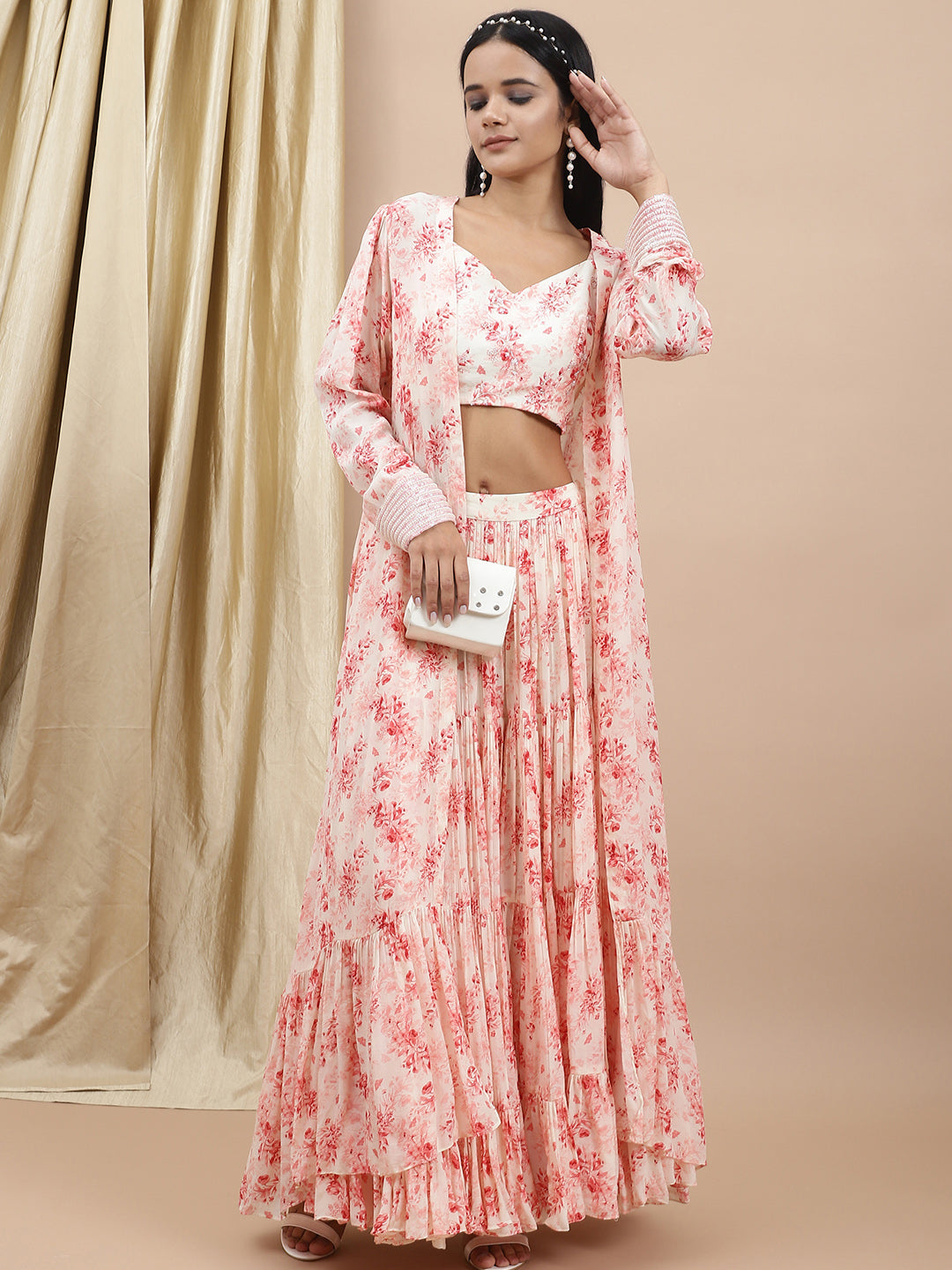 Crepe White Printed Tier Lehenga by Ewoke with Bemberg, Crepe, Festive 23, Festive Wear, Lehengas Sets, Natural with azo free dyes, Prints, Regular Fit, White, Womenswear at Kamakhyaa for sustainable fashion