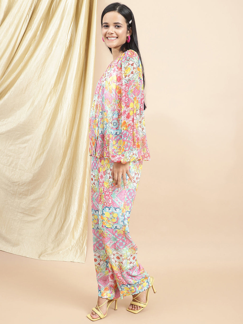 Certified Bemberg Chiffon Yellow Chiffon Coord Set by Ewoke with Bemberg, Chiffon, Co-ord Sets, Festive 23, Natural with azo free dyes, Prints, Relaxed Fit, Resort Wear, White, Womenswear at Kamakhyaa for sustainable fashion