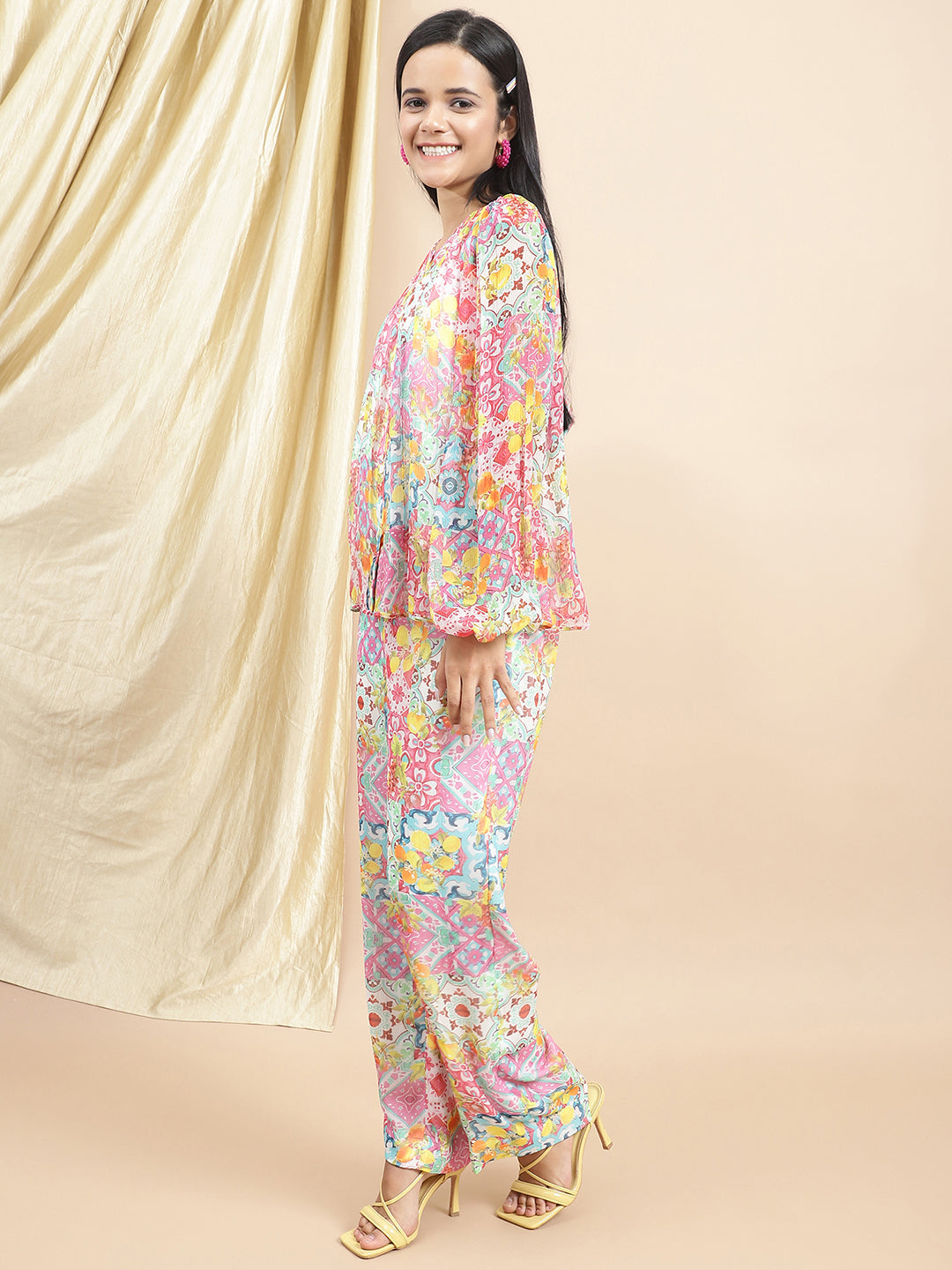 Certified Bemberg Chiffon Yellow Chiffon Coord Set by Ewoke with Bemberg, Chiffon, Co-ord Sets, Festive 23, Natural with azo free dyes, Prints, Relaxed Fit, Resort Wear, White, Womenswear at Kamakhyaa for sustainable fashion