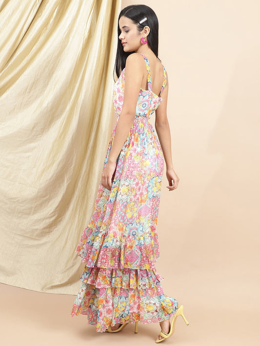 Multicolor Satin Floral Printed Maxi Dress