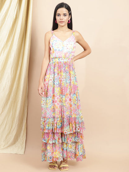 Multicolor Satin Floral Printed Maxi Dress by Ewoke with Beach Wear, Bemberg satin, Ewoke, Maxi Dresses, Multicolor, Natural, Prints, Relaxed Fit, White, Womenswear at Kamakhyaa for sustainable fashion