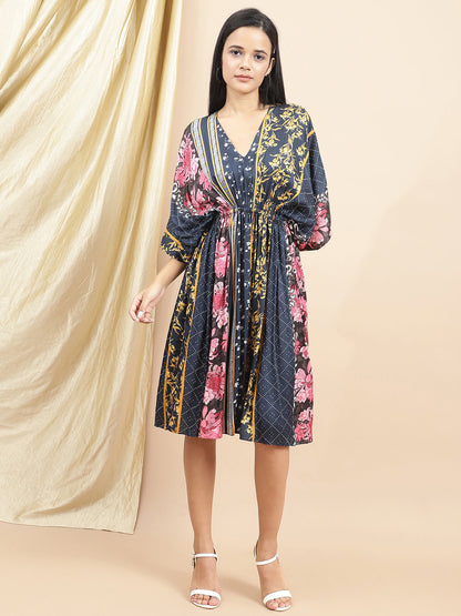 Certified Bemberg Satin Blue Kaftan Dress by Ewoke with Bemberg, Blue, Festive 23, Kaftans, Mini Dresses, Natural with azo free dyes, Prints, Relaxed Fit, Resort Wear, Satin, Womenswear at Kamakhyaa for sustainable fashion