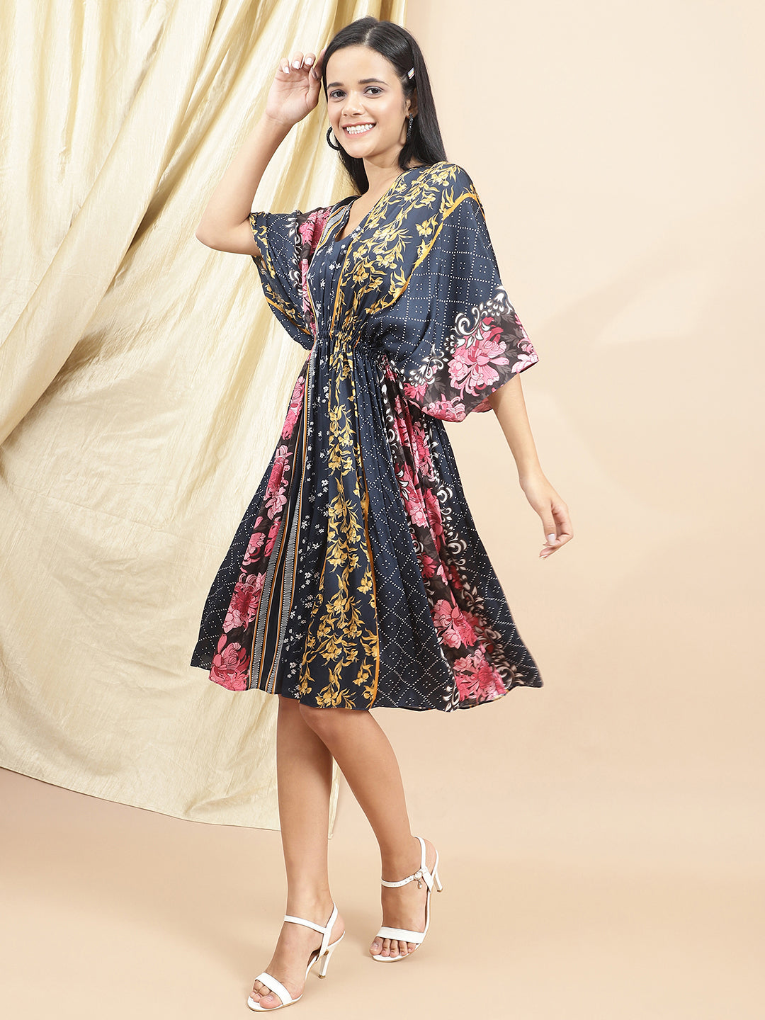 Certified Bemberg Satin Blue Kaftan Dress by Ewoke with Bemberg, Blue, Festive 23, Kaftans, Mini Dresses, Natural with azo free dyes, Prints, Relaxed Fit, Resort Wear, Satin, Womenswear at Kamakhyaa for sustainable fashion