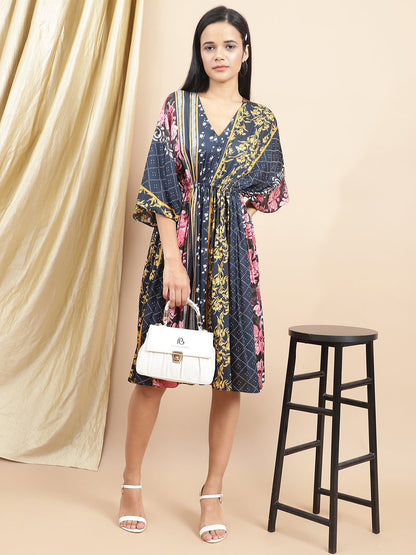 Certified Bemberg Satin Blue Kaftan Dress by Ewoke with Bemberg, Blue, Festive 23, Kaftans, Mini Dresses, Natural with azo free dyes, Prints, Relaxed Fit, Resort Wear, Satin, Womenswear at Kamakhyaa for sustainable fashion