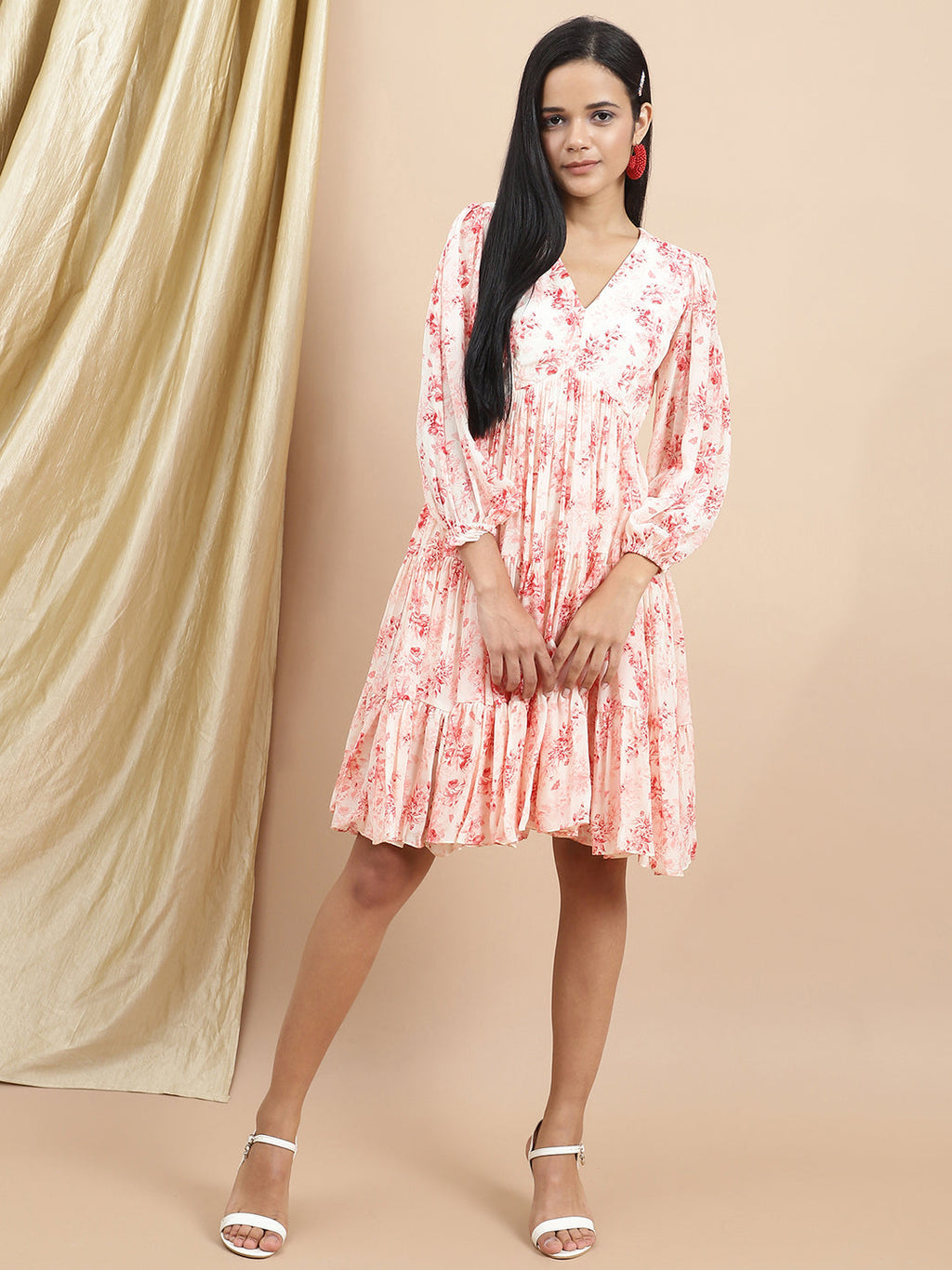 Certified Bemberg Satin Blue Floral Tier Dress by Ewoke with Bemberg, Best Selling, Festive 23, Mini Dresses, Natural with azo free dyes, Prints, Relaxed Fit, Resort Wear, Satin, Tiered Dress, Womenswear at Kamakhyaa for sustainable fashion