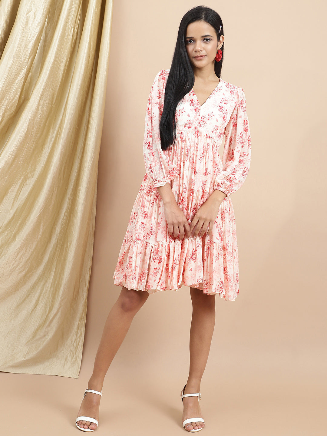 Certified Bemberg Satin Blue Floral Tier Dress by Ewoke with Bemberg, Best Selling, Festive 23, Mini Dresses, Natural with azo free dyes, Prints, Relaxed Fit, Resort Wear, Satin, Tiered Dress, Womenswear at Kamakhyaa for sustainable fashion