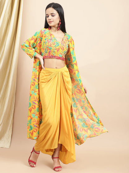 Certified Bemberg Crepe Yellow Drape Skirt by Ewoke with Bemberg, Crepe, Festive 23, Festive Wear, Natural with azo free dyes, Prints, Skirts, Slim Fit, Womenswear, Yellow at Kamakhyaa for sustainable fashion