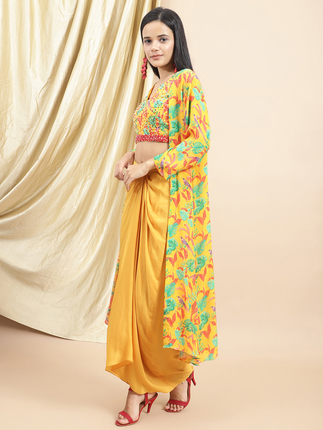 Certified Bemberg Crepe Yellow Drape Skirt by Ewoke with Bemberg, Crepe, Festive 23, Festive Wear, Natural with azo free dyes, Prints, Skirts, Slim Fit, Womenswear, Yellow at Kamakhyaa for sustainable fashion