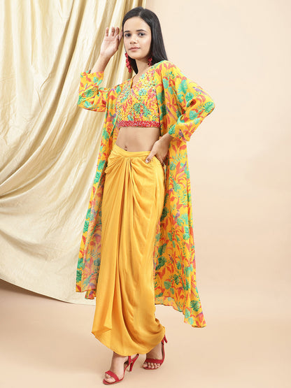 Certified Bemberg Crepe Yellow Drape Skirt by Ewoke with Bemberg, Crepe, Festive 23, Festive Wear, Natural with azo free dyes, Prints, Skirts, Slim Fit, Womenswear, Yellow at Kamakhyaa for sustainable fashion