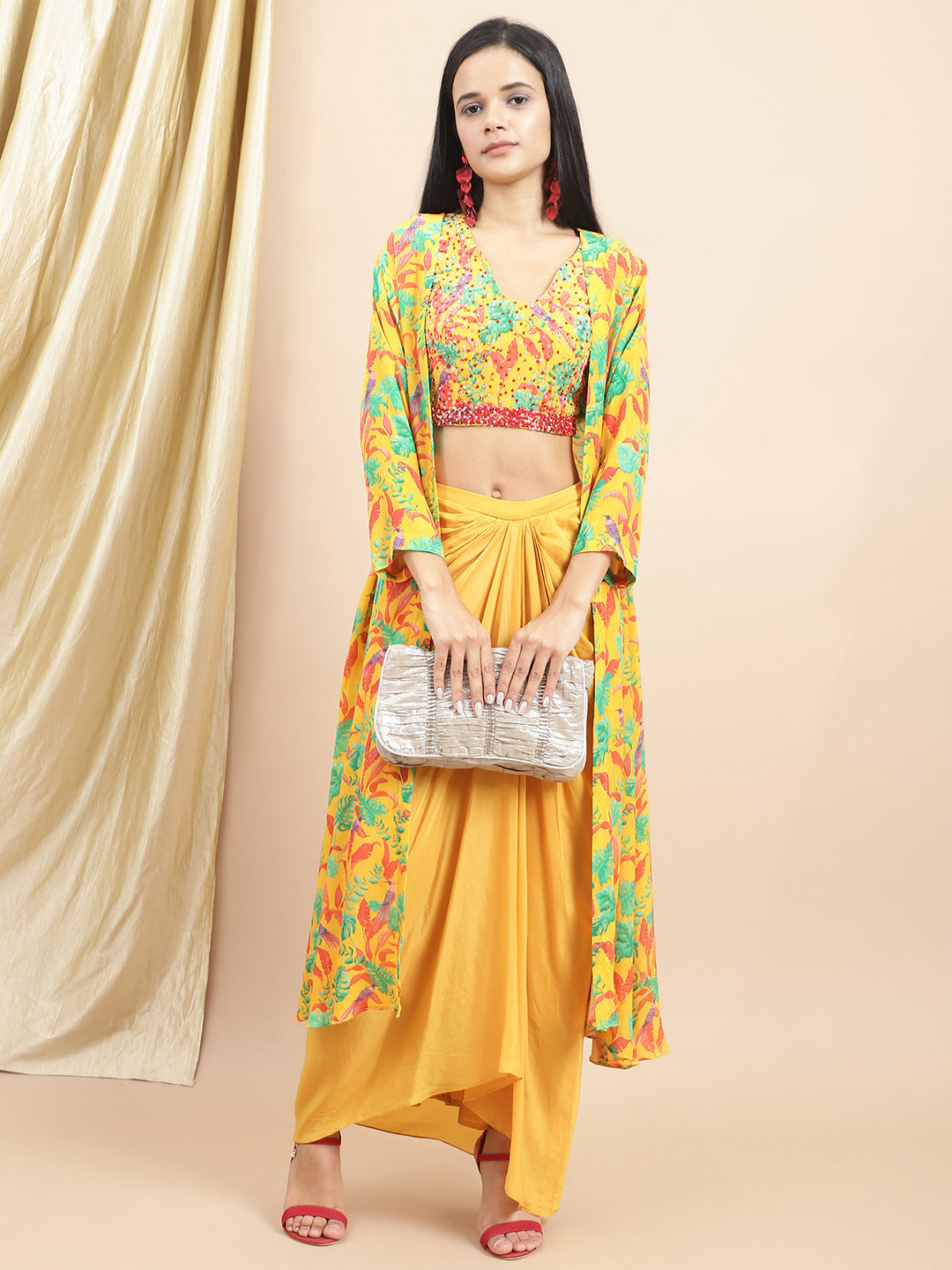 Certified Bemberg Crepe Yellow Drape Skirt by Ewoke with Bemberg, Crepe, Festive 23, Festive Wear, Natural with azo free dyes, Prints, Skirts, Slim Fit, Womenswear, Yellow at Kamakhyaa for sustainable fashion