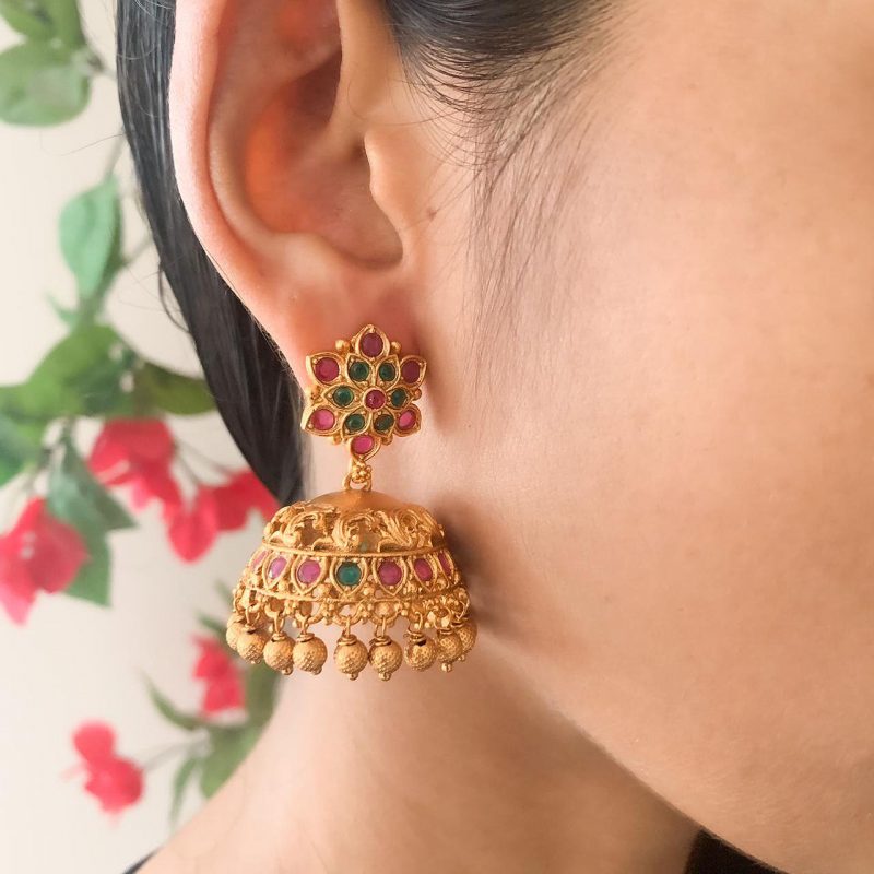 Dahlia Antique Jhumka Earrings by Chiyo with Brass, Earrings, Festive Jewellery, Festive Wear, Free Size, Gold, Gold Plated, jewelry, Re-polishable, Solids at Kamakhyaa for sustainable fashion