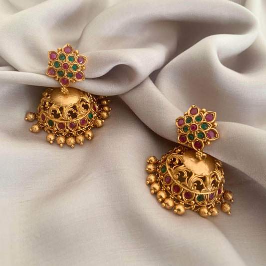 Dahlia Antique Jhumka Earrings by Chiyo with Brass, Earrings, Festive Jewellery, Festive Wear, Free Size, Gold, Gold Plated, jewelry, Re-polishable, Solids at Kamakhyaa for sustainable fashion