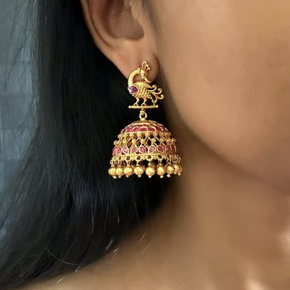 Peahen Antique Jhumkas by Chiyo with Brass, Earrings, Festive Jewellery, Festive Wear, Free Size, Gold Plated, jewelry, Re-polishable, Red, Solids, Textured at Kamakhyaa for sustainable fashion