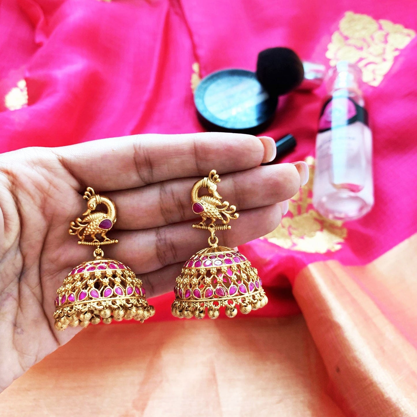 Peahen Antique Jhumkas by Chiyo with Brass, Earrings, Festive Jewellery, Festive Wear, Free Size, Gold Plated, jewelry, Re-polishable, Red, Solids, Textured at Kamakhyaa for sustainable fashion