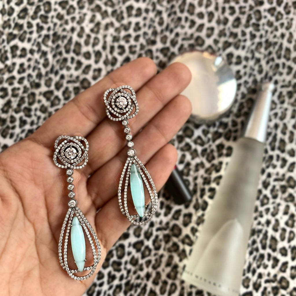 Wild Rose Danglers by Chiyo with Blue, Brass, Danglers, Earrings, Evening Wear, Festive Jewellery, Festive Wear, Free Size, Gold Plated, jewelry, Long Earrings, Re-polishable, Solids at Kamakhyaa for sustainable fashion