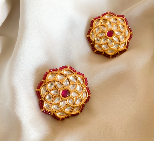 Gulzar Studs by Chiyo with Brass, Earrings, Festive Jewellery, Festive Wear, Free Size, Gold Plated, Gulzar by Taro, jewelry, Re-polishable, Red, Solids, Textured at Kamakhyaa for sustainable fashion
