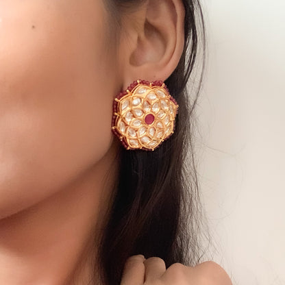 Gulzar Studs by Chiyo with Brass, Earrings, Festive Jewellery, Festive Wear, Free Size, Gold Plated, Gulzar by Taro, jewelry, Re-polishable, Red, Solids, Textured at Kamakhyaa for sustainable fashion