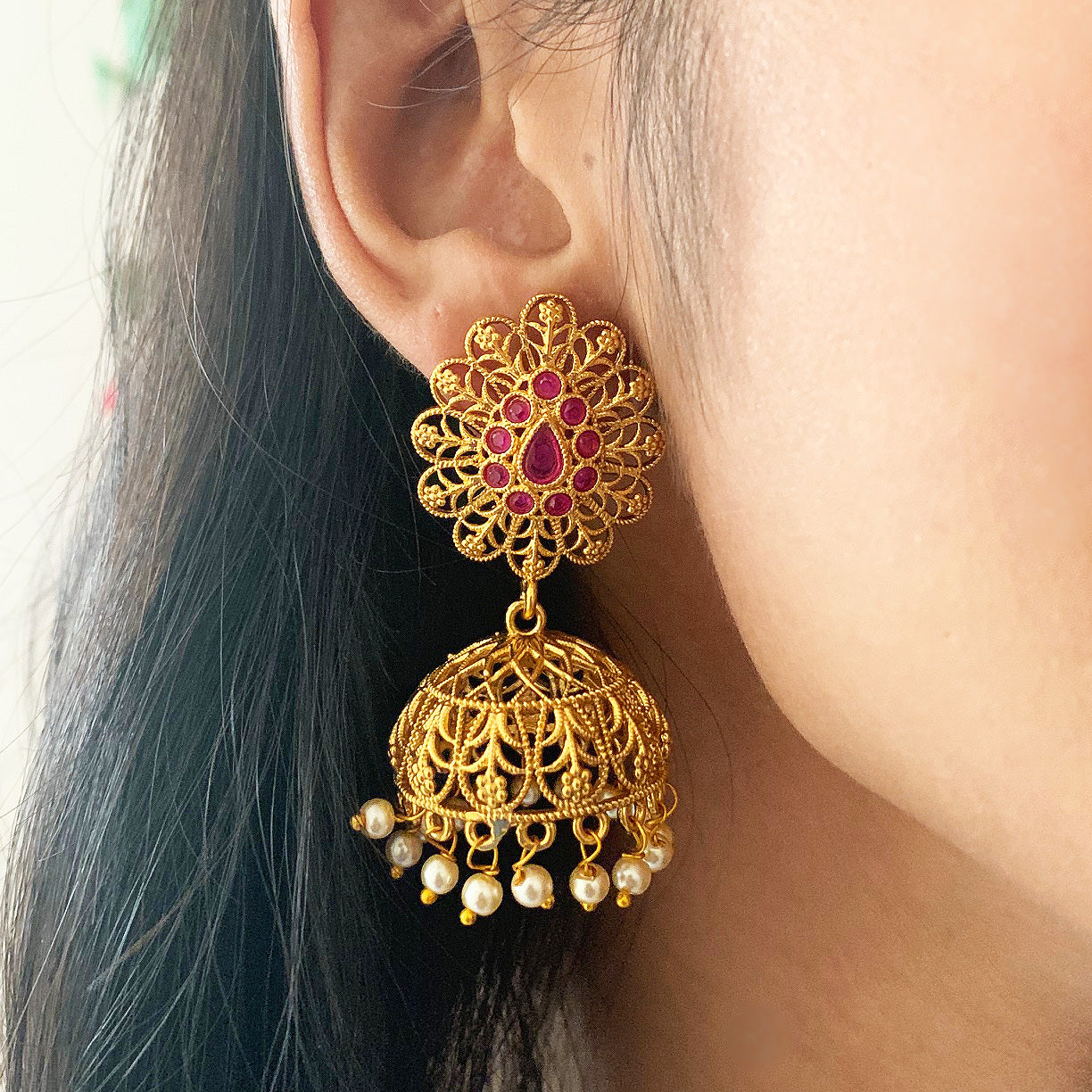 Intricate Maze light-weight Jhumkas by Chiyo with Brass, Earrings, Festive Jewellery, Festive Wear, Free Size, Gold, Gold Plated, jewelry, Pearl, Re-polishable, Solids, Textured at Kamakhyaa for sustainable fashion
