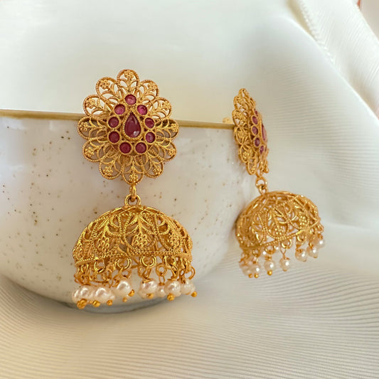 Intricate Maze light-weight Jhumkas by Chiyo with Brass, Earrings, Festive Jewellery, Festive Wear, Free Size, Gold, Gold Plated, jewelry, Pearl, Re-polishable, Solids, Textured at Kamakhyaa for sustainable fashion