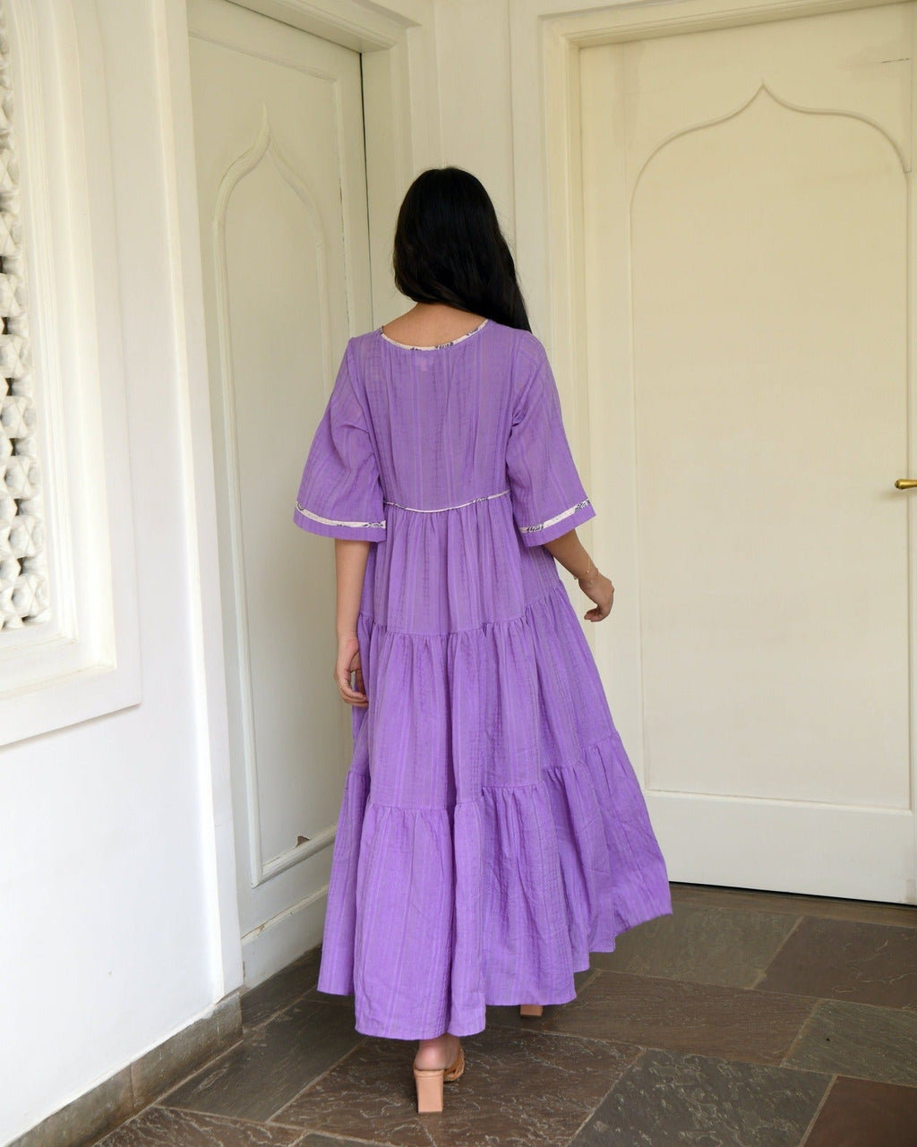 Purple Tiered Maxi Dress by Taro with Best Selling, Evening Wear, FB ADS JUNE, Handwoven cotton, July Sale, July Sale 2023, Natural, Purple, Regular Fit, Solids, Tiered Dresses, Wildflower by Taro, Womenswear at Kamakhyaa for sustainable fashion