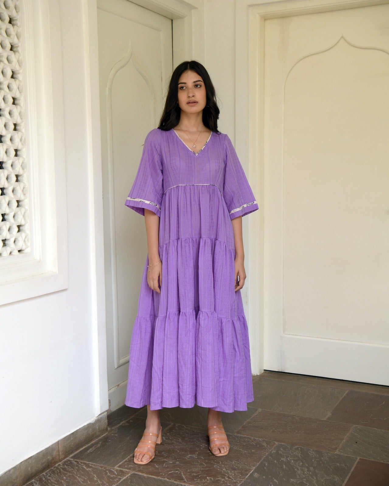 Purple Tiered Maxi Dress by Taro with Best Selling, Evening Wear, FB ADS JUNE, Handwoven cotton, July Sale, July Sale 2023, Natural, Purple, Regular Fit, Solids, Tiered Dresses, Wildflower by Taro, Womenswear at Kamakhyaa for sustainable fashion