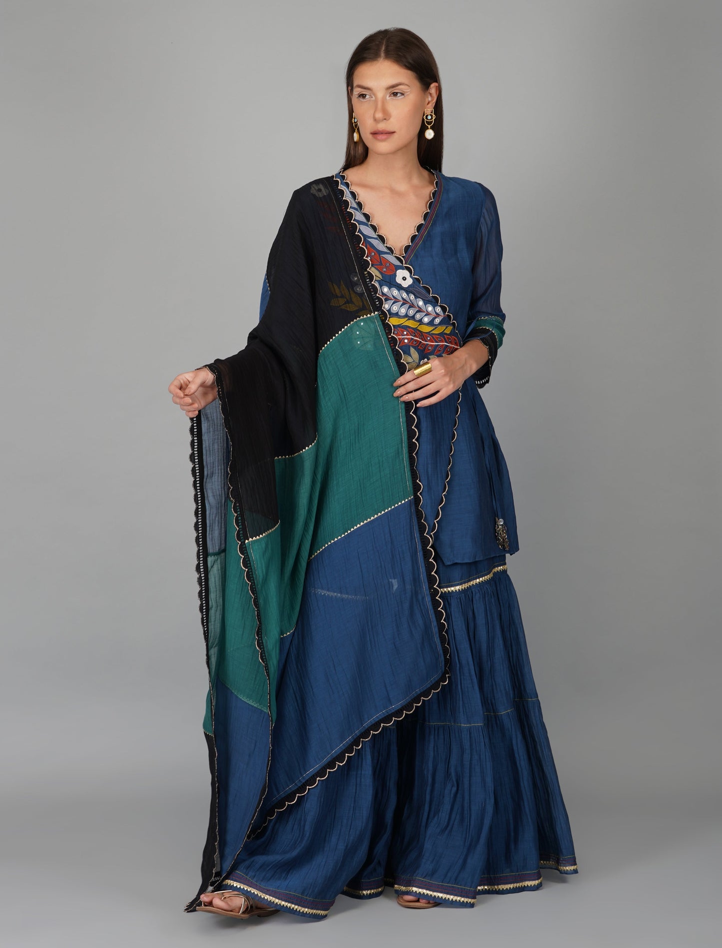 Blue Chanderi Asymmetric Wrap Gharara Set by Devyani Mehrotra with Blue, Chanderi Silk, Festive Wear, Georgette, Gharara Sets, Natural, Patchwork, Pre Spring 2023, Prints, Regular Fit, Womenswear at Kamakhyaa for sustainable fashion