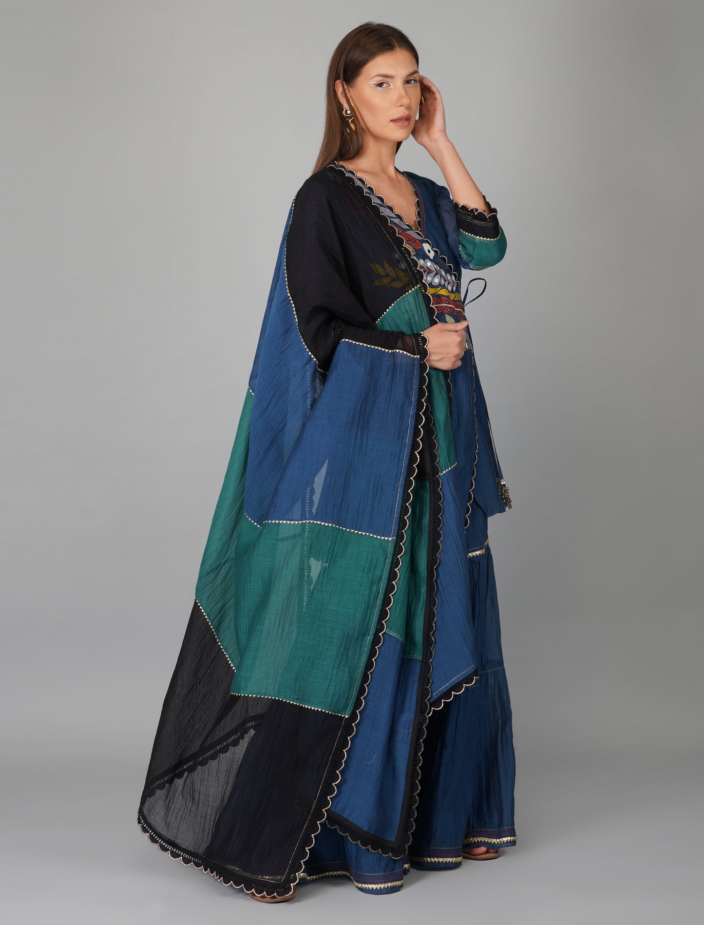 Blue Chanderi Asymmetric Wrap Gharara Set by Devyani Mehrotra with Blue, Chanderi Silk, Festive Wear, Georgette, Gharara Sets, Natural, Patchwork, Pre Spring 2023, Prints, Regular Fit, Womenswear at Kamakhyaa for sustainable fashion