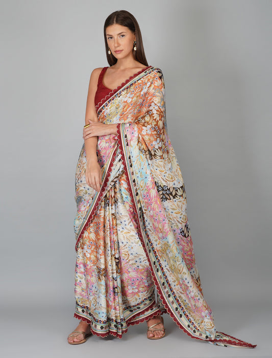 Multicolor Printed Chanderi Saree Blouse Set by Devyani Mehrotra with Chanderi Silk, Festive Wear, Georgette, Multicolor, Natural, Pre Spring 2023, Prints, Regular Fit, Sarees Sets, Viscose, Womenswear at Kamakhyaa for sustainable fashion