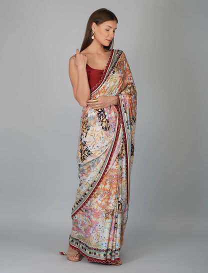 Multicolor Printed Saree Blouse Set Chanderi Silk, Festive Wear, Georgette, Multicolor, Natural, Pre Spring 2023, Prints, Regular Fit, Sarees Sets, Viscose Kamakhyaa