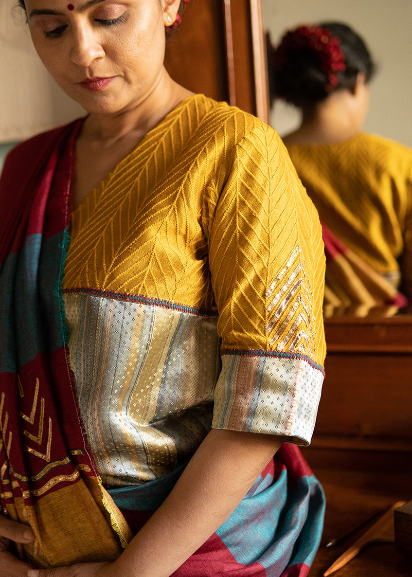Pure Linen Maroon Saree Sanjeevani by Aeka with Embroidered, Festive Wear, For Mother, Gota Patti, Indian Wear, Linen, Natural, Red, Regular Fit, Saree Sets, Womenswear at Kamakhyaa for sustainable fashion