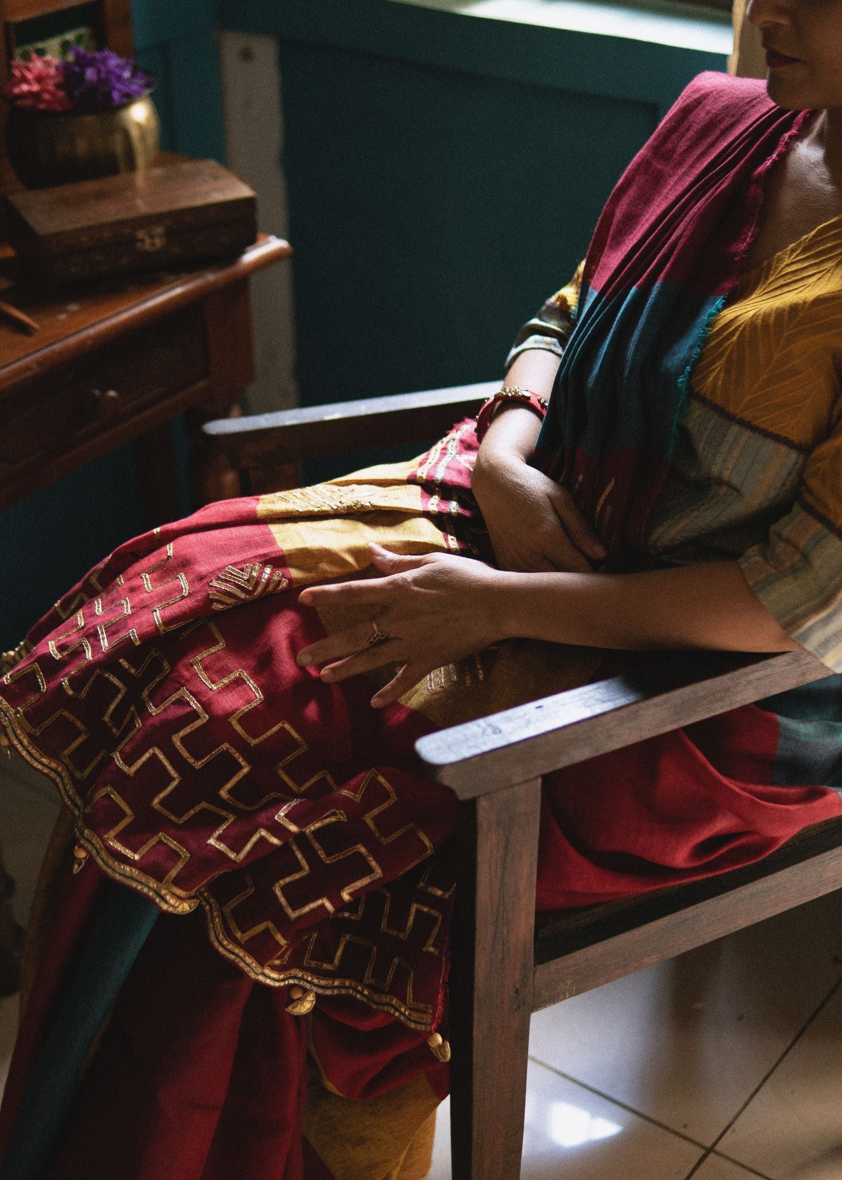 Pure Linen Maroon Saree Sanjeevani by Aeka with Embroidered, Festive Wear, For Mother, Gota Patti, Indian Wear, Linen, Natural, Red, Regular Fit, Saree Sets, Womenswear at Kamakhyaa for sustainable fashion