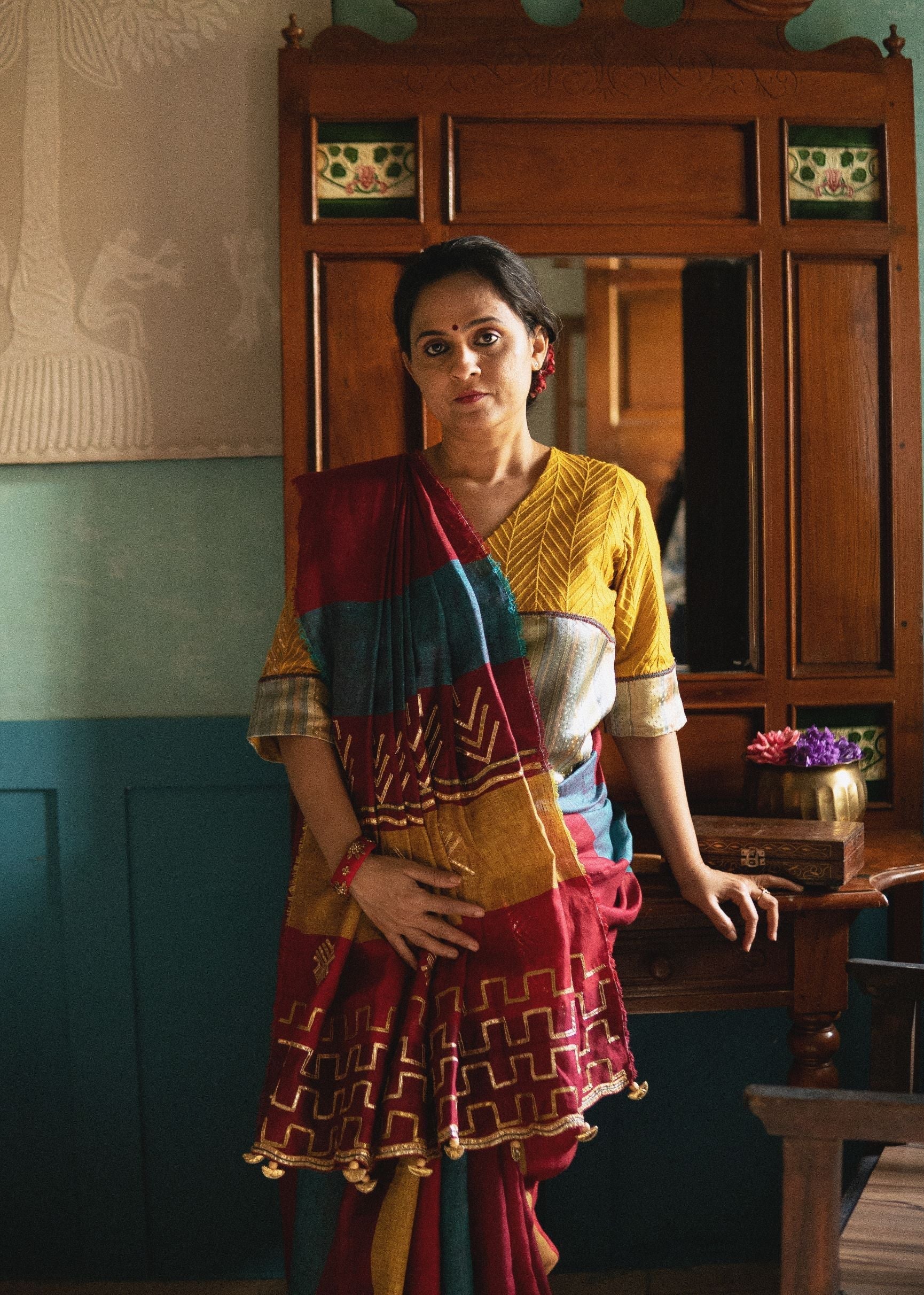 Pure Linen Maroon Saree Sanjeevani by Aeka with Embroidered, Festive Wear, For Mother, Gota Patti, Indian Wear, Linen, Natural, Red, Regular Fit, Saree Sets, Womenswear at Kamakhyaa for sustainable fashion