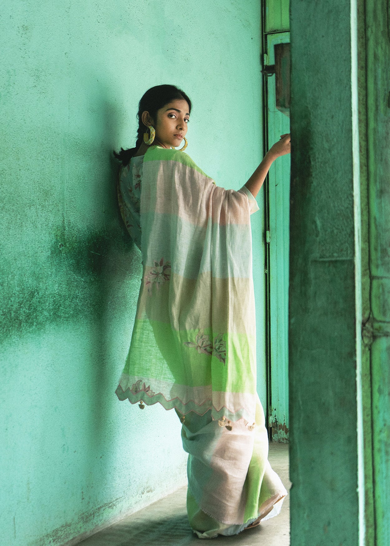 Green Patchwork Saree Navmallika by Aeka with Festive Wear, For Mother, Green, Indian Wear, Linen, Natural, Patchwork, Regular Fit, Saree Sets, Womenswear at Kamakhyaa for sustainable fashion