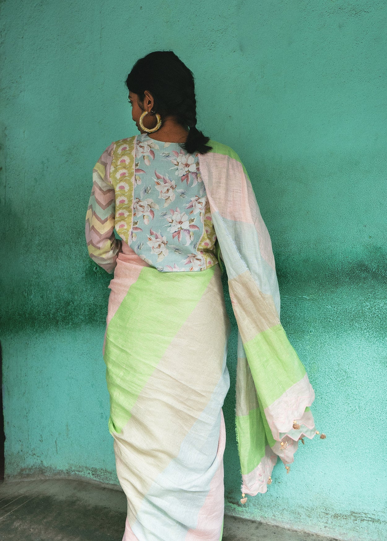 Green Patchwork Saree Navmallika by Aeka with Festive Wear, For Mother, Green, Indian Wear, Linen, Natural, Patchwork, Regular Fit, Saree Sets, Womenswear at Kamakhyaa for sustainable fashion