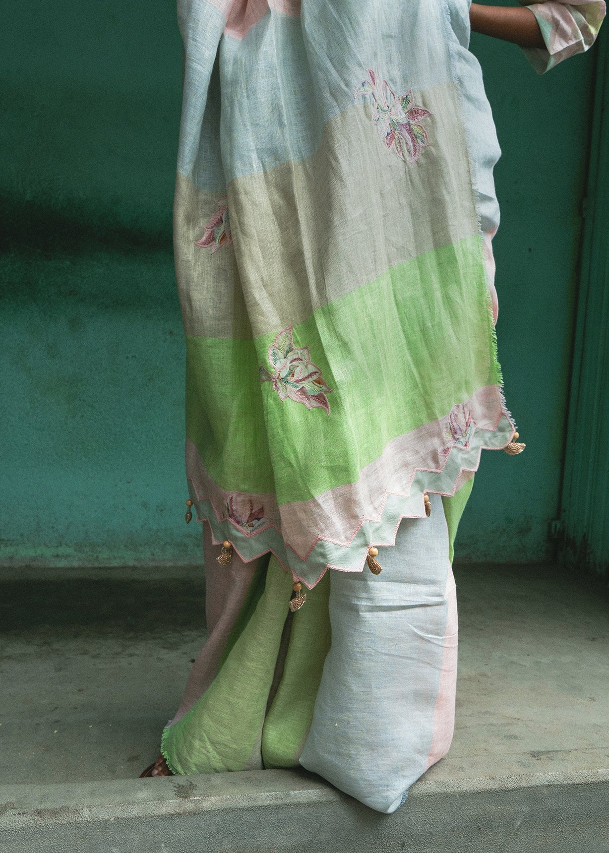 Green Patchwork Saree Navmallika by Aeka with Festive Wear, For Mother, Green, Indian Wear, Linen, Natural, Patchwork, Regular Fit, Saree Sets, Womenswear at Kamakhyaa for sustainable fashion