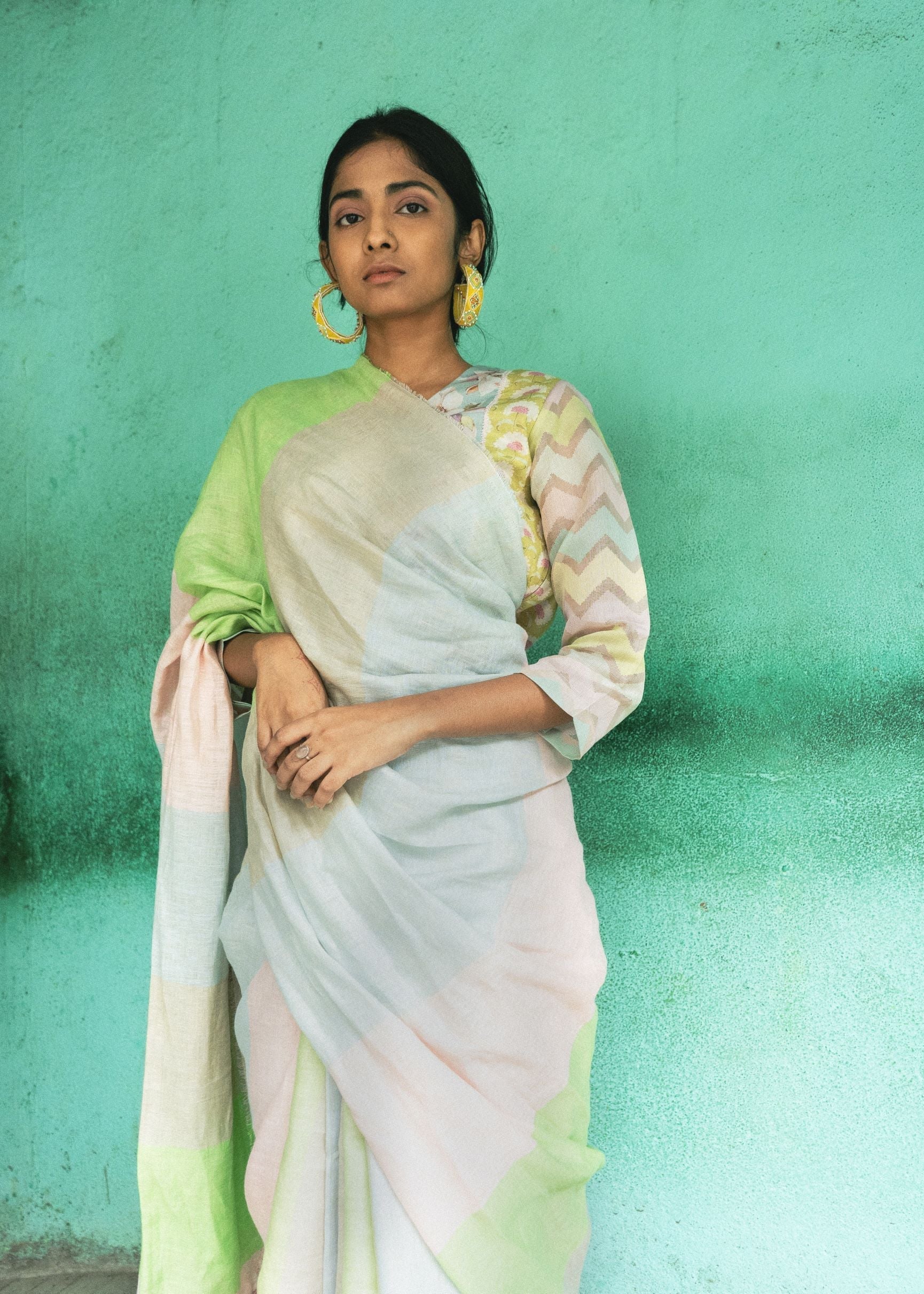 Green Patchwork Saree Navmallika by Aeka with Festive Wear, For Mother, Green, Indian Wear, Linen, Natural, Patchwork, Regular Fit, Saree Sets, Womenswear at Kamakhyaa for sustainable fashion