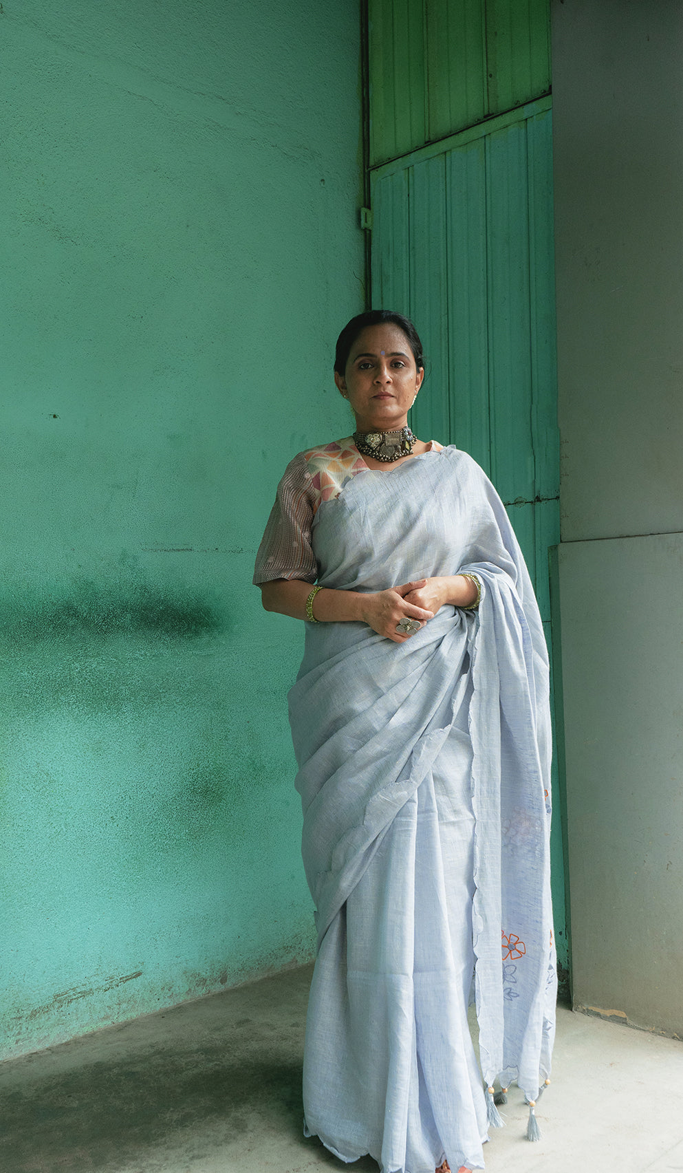 Powder Blue Cutwork Saree by Aeka with Blue, Cutwork, Festive Wear, For Mother, Indian Wear, Linen, Natural, Regular Fit, Saree Sets, Womenswear at Kamakhyaa for sustainable fashion